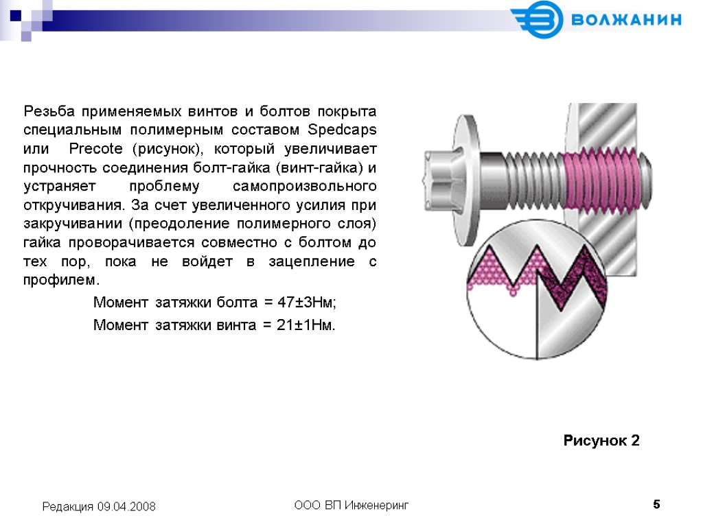 ООО ВП Инженеринг 5 Редакция 09.04.2008 Резьба применяемых винтов и болтов покрыта специальным полимерным